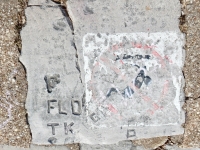 F, FLO, TK, Judi (with a heart dotting the i), HG, B, others. Chicago lakefront stone carvings, Calumet Park. 2019