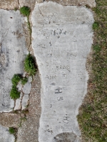 Autograph rock: Chris, C+K, R+J, Mike+, L.A., Tim, Tinot, Mike, Brad, Ann, MYS, OH, CH. Chicago lakefront stone carvings, Calumet Park. 2019