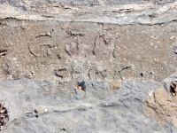 G.J.M, Chink. Chicago lakefront stone carvings, Calumet Park. 2019