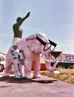 This ensemble of roadside giants once graced an antique mall in Cross Plains, Tennessee: Pink elephant, Indian and knight in armor