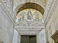 Hagia Sophia. On the right Emperor Constantine who established istanbul, holding a model of the city. On the left Emperor Justinian, who constructed Hagia Sophia, holding its model, they both present the models to Virgin Mary and Child Jesus. 10* Century.