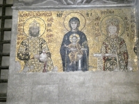 Hagia Sophia. The Virgin Mary and the Child Jesus in Her Arms, Emperor John II Komnenos on the left, his wife Empress Eirene on the right. 11th century.