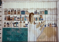 Folky mural at the Green Briar Pharmacy, formerly at Montrose and Damen Avenues. 1996 photo.