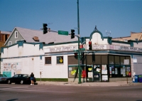 The former Green Briar Pharmacy and its folky mural, Montrose and Damen Avenues. 1996 photo