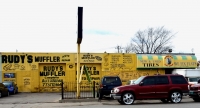 Rudy's painted facade, Rudy's Muffler, Pulaski Road at Potomac, Chicago