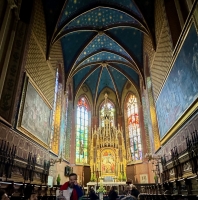 The Church of St. Francis of Assisi, Krakow, with late 19-century wall decorations by the artist Stanisław Wyspiański -- unique motifs for an old church. He also designed the modern stained glass.