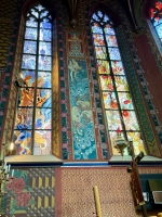 The Church of St. Francis of Assisi, Krakow, with late 19-century wall decorations by the artist Stanisław Wyspiański -- unique motifs for an old church. He also designed the modern stained glass.