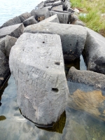 Autograph rock, side: Debbie + RIck, C, Jimmy. More on top: Tammy -n- Pierce "79", PT + OI, Joe, a cross, others. Chicago lakefront stone carvings, Rainbow Beach. 2019