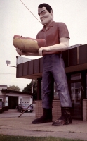 This roadside giant with hot dog is famous because it survived. Installed in 1966 at Bunyon