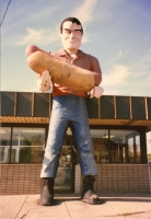 This roadside giant with hot dog is famous because it survived. Installed in 1966 at Bunyon