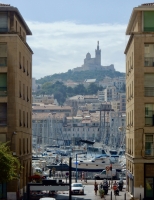 View of Basilique Notre-Dame de la Garde from across the old port, Marseille